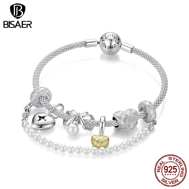 BISAER 925 Sterling Silver Shining Star Heart Charm Bead Weaved Iris Pearl Bowknot Pendant Fit Women DIY Bracelet Fine Jewelry