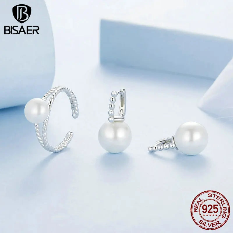 BISAER 925 Sterling Silver Pearl Open Ring Freshwater Pearl Stud Earrings for Elegant Women Party Fine Jewelry Set Autumn Gift