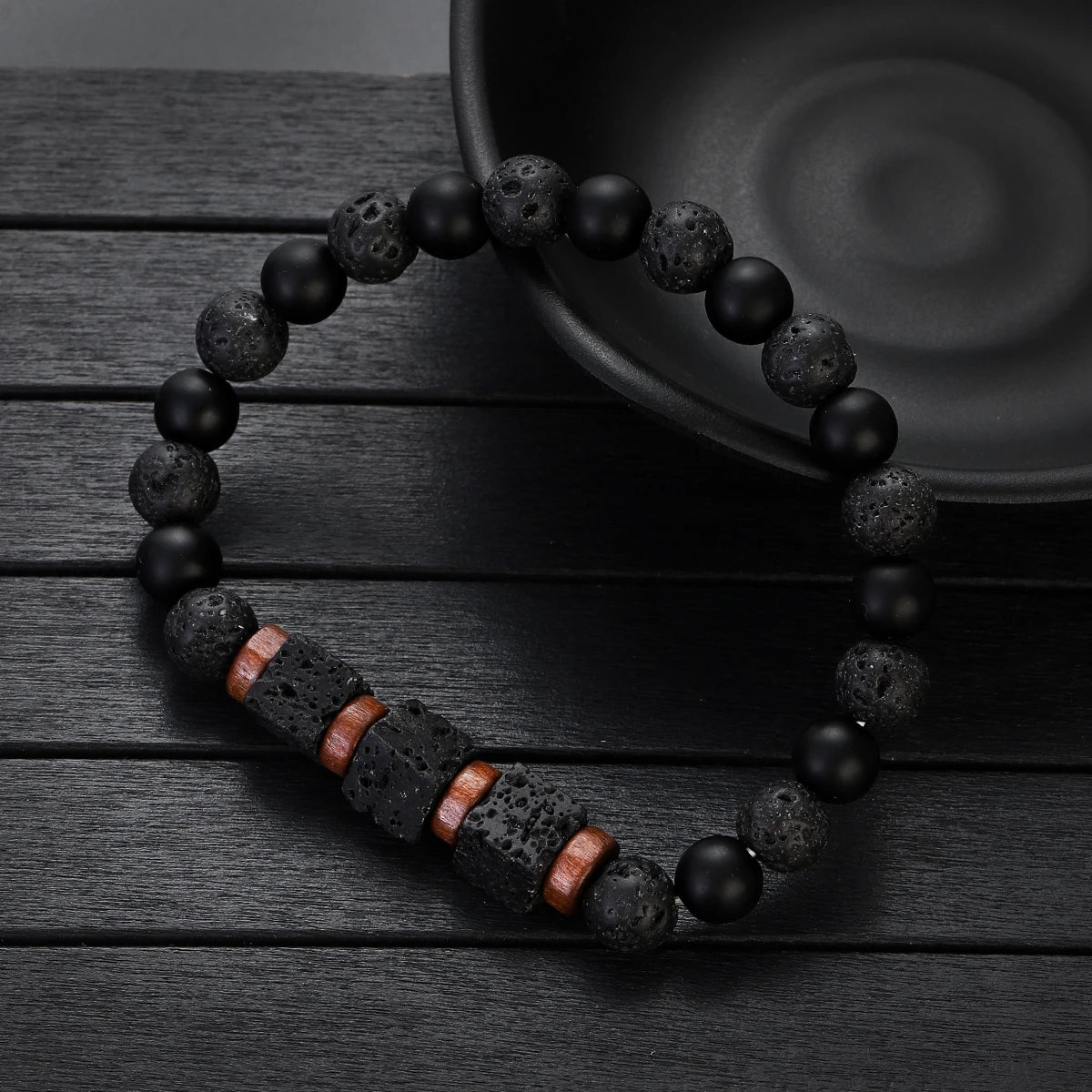 MKENDN Square Volcanic Stone Bracelet for Men Women Natural Lava Black Onyx 8mm Beads Bracelets Yoga Jewelry Gift