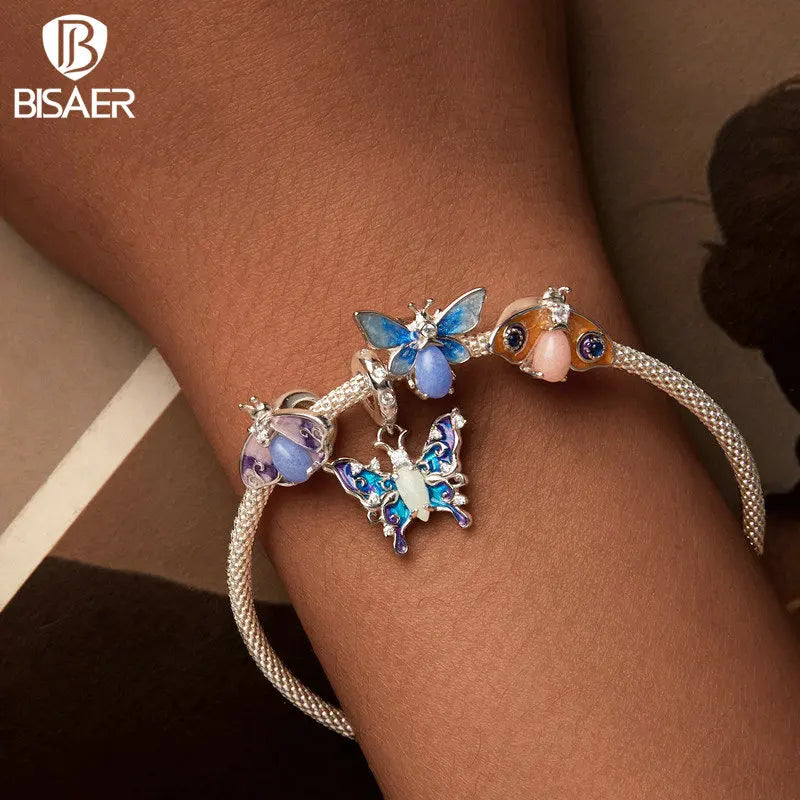 BISAER 100% 925 Sterling Silber Forever Luminous Star Wishing Bottle Charm Bead Mondkatze Anhänger Passend für Frauen DIY Armband Edlen Schmuck