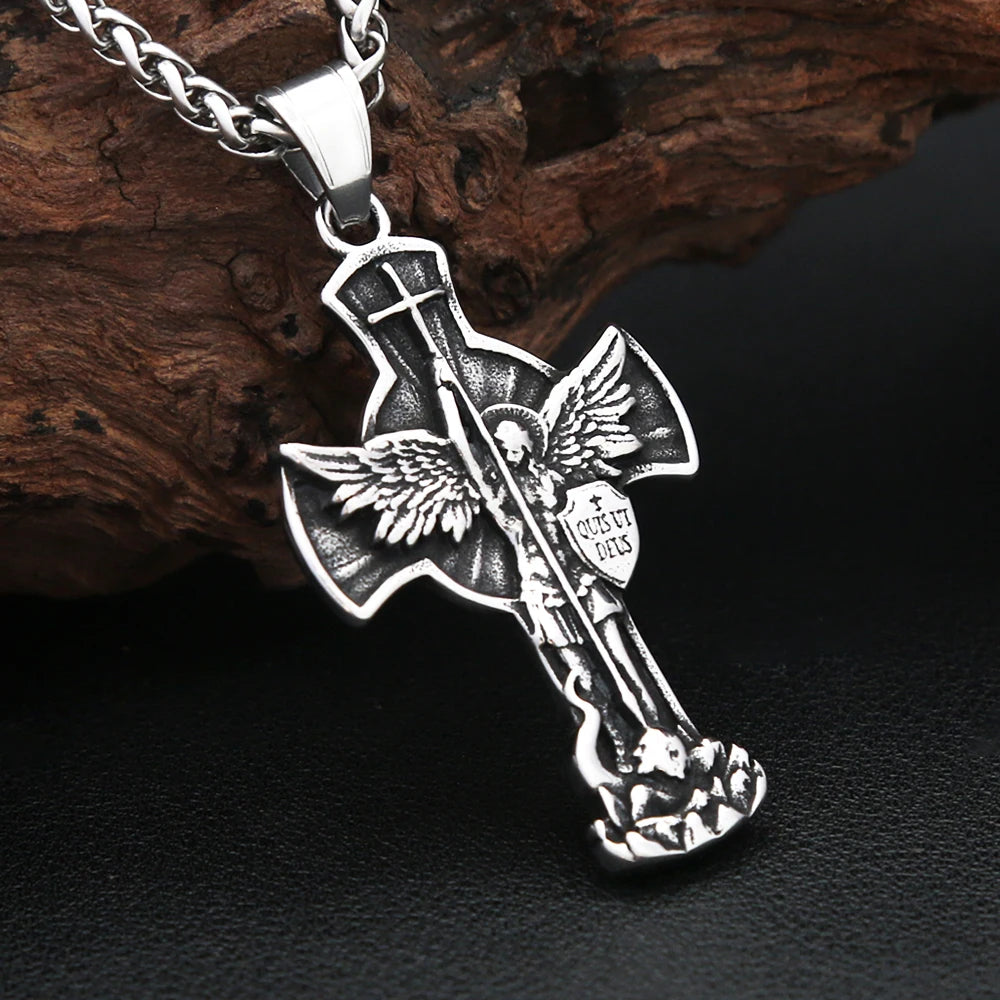 New Vintage St. Michael Archangel Pendant Necklace Stainless Steel Angel Wings Cross Necklaces For Men Women Religious Jewelry