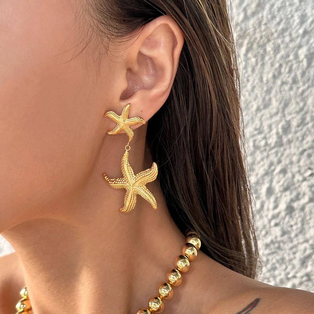 INS Trend 18K Gold Plated Stainless Steel Starfish Drop Dangle Statement Stud Earrings for Women Holiday Beach Jewelry