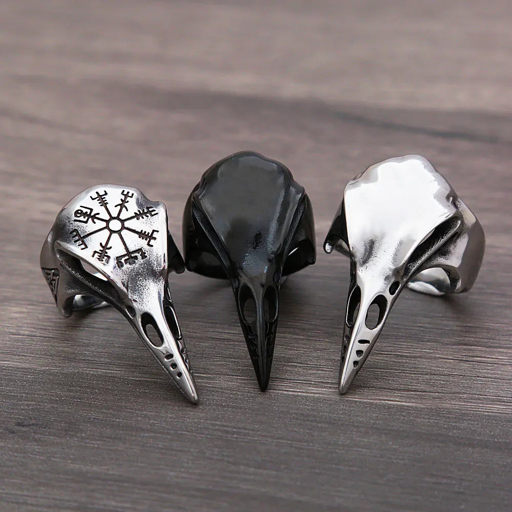 Vintage Gothic Odin Crow Skull Ring For Men Boys Stainless Steel Viking Compass Rings Punk Biker Amulet Jewelry Gift Wholesale