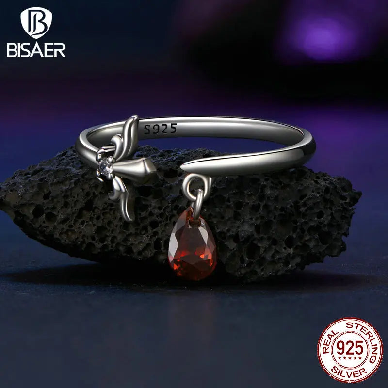 BISAER Real 925 Sterling Silver Vintage Sword Open Ring Water Drop Zircon Band Adjustable Size 5-9 for Women Party Fine Jewelry