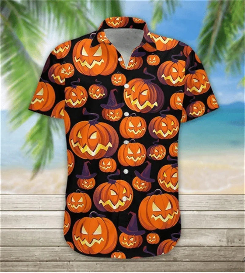 Camisa vintage para hombre con estampado 3D de cabeza de calabaza de Halloween, ropa para hombre, camisa hawaiana informal de verano para playa hawaiana, camisa hawaiana de vacaciones