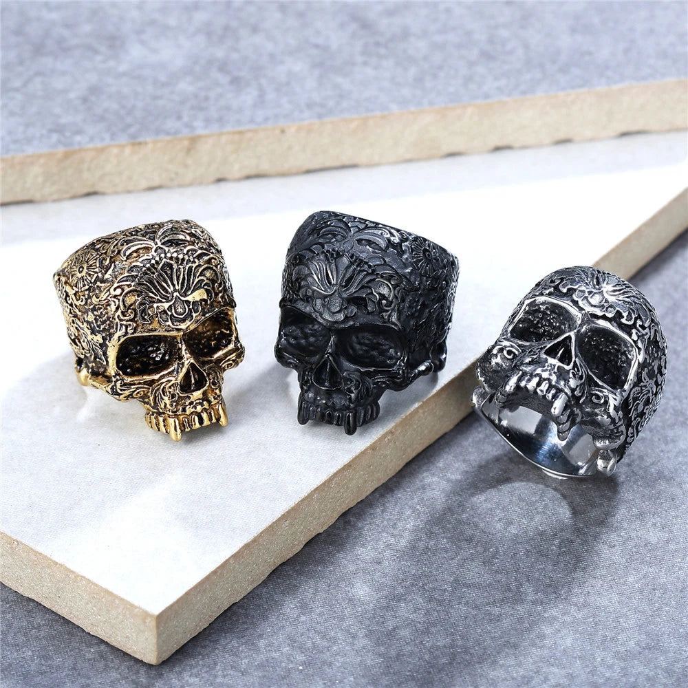 Gothic Flower Stamp Skull Ring For Men Punk 316l Stainless Steel Skull Ring Men And Women Devil Skull Biker Ring Wholesale