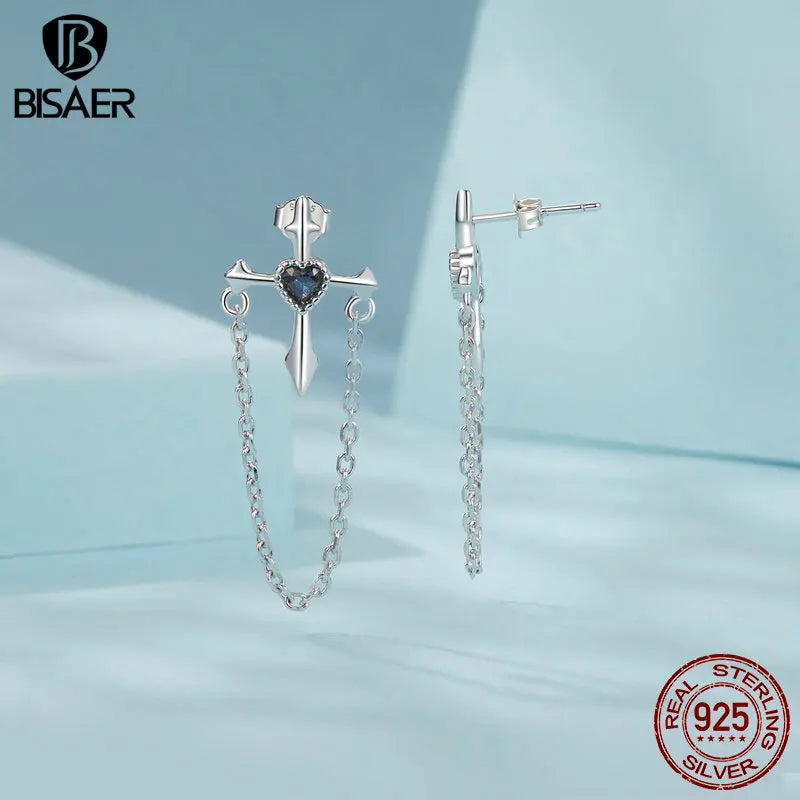 BISAER Boucles d'oreilles à tige en argent sterling 925 avec chaîne vintage et croix en forme de cœur en zircone cubique plaqué or blanc pour femme, bijoux fins de fête