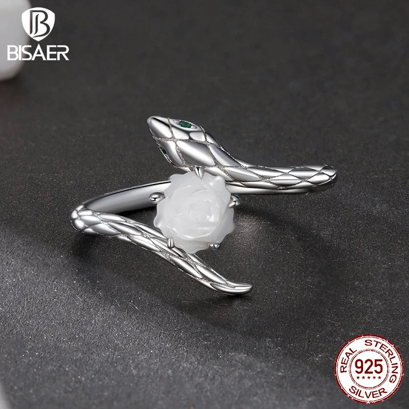 Bague ouverte BISAER en argent sterling 925 avec rose blanche et serpent, taille réglable 5 à 9, bande plaquée or blanc pour femme, bijoux fins de fête