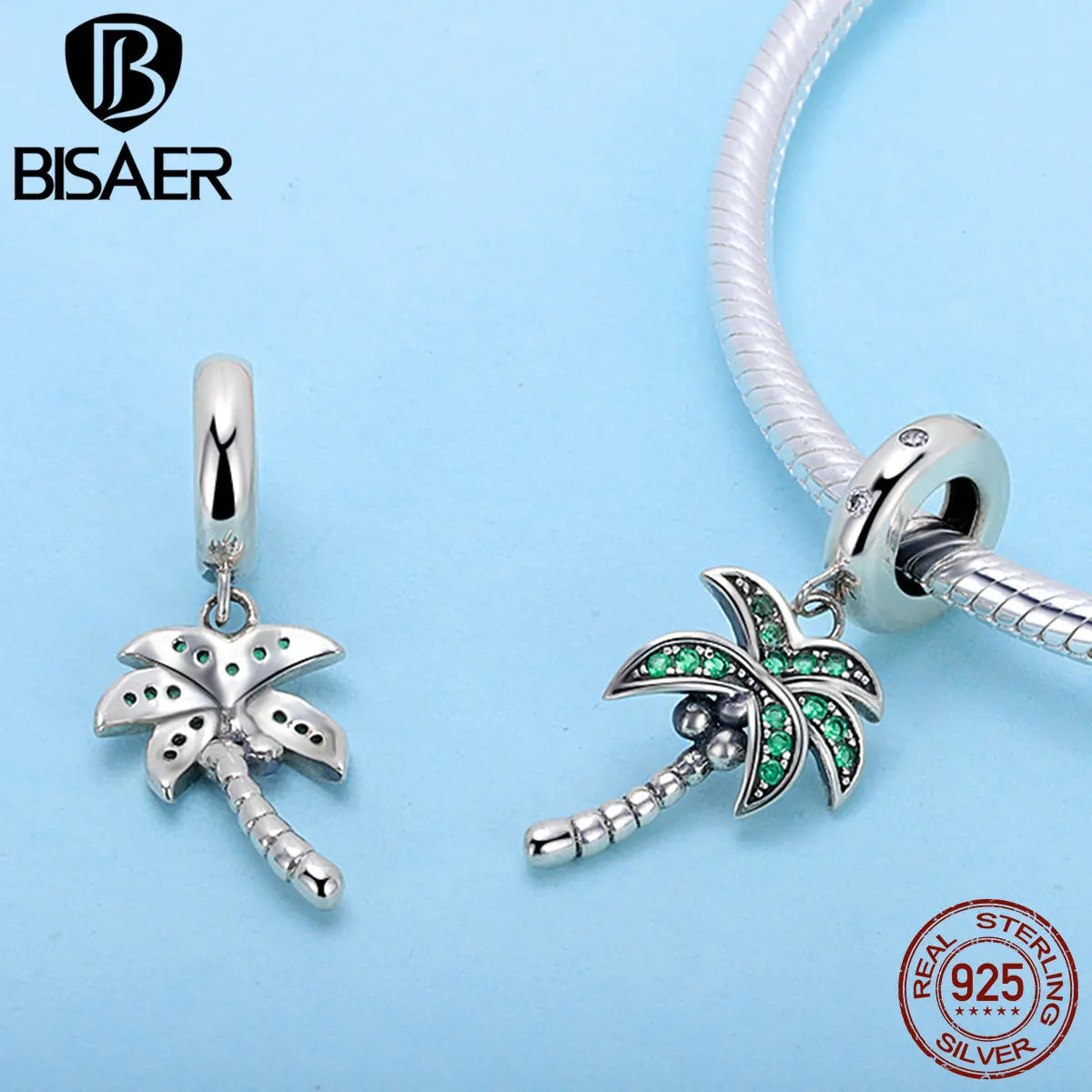 BISAER 925 Sterling Silver Charm Summer Coconut Tree Round Zircons Pendant Bead For Women DIY Bracelets Fine Jewelry EFC601