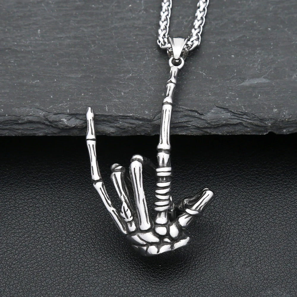 Vintage Gothic Skull Gestures Pendant Necklace For Men Women Punk Hip Hop Stainless Steel Skeleton Rock Necklaces Biker Jewelry