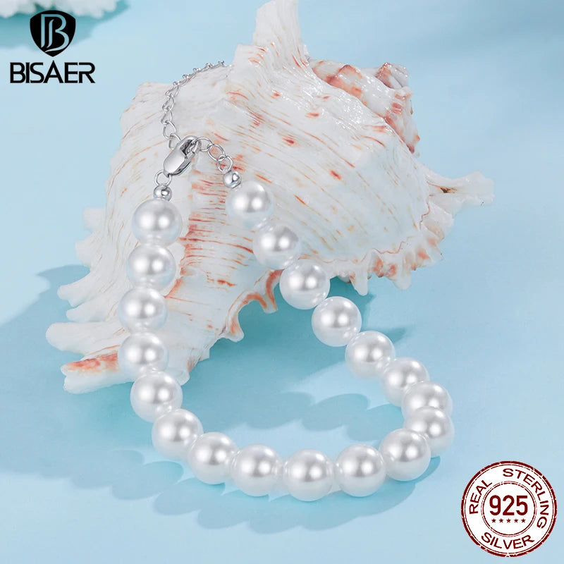 BISAER 925 Sterling Silver Pearl Bracelet Adjustable Chain Plated White Gold for Elegant Women Party Original Fine Jewelry