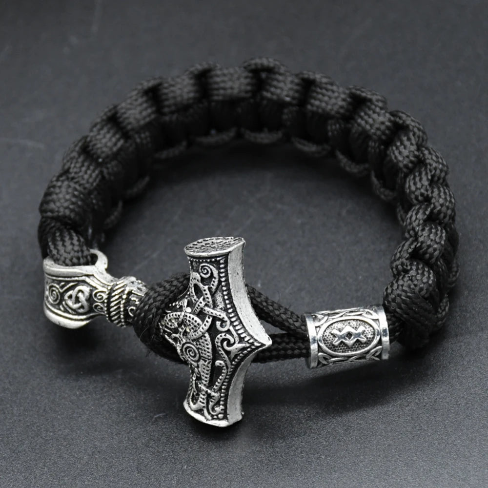 Norse Viking Men Bracelets Thor Mjolnir Hammer Paracord Amulet Valknut Runes Beads Hand Made Rope Wrap Scandinavian Bangles Gift