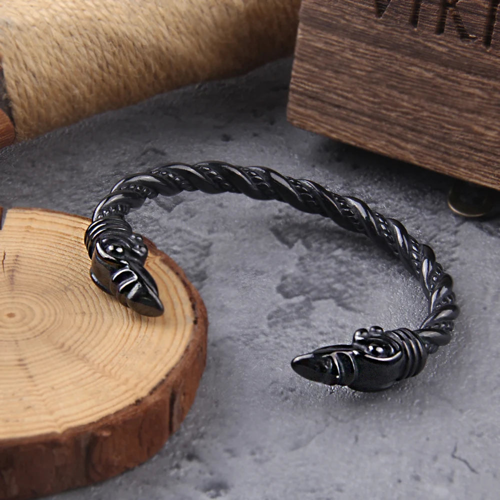 Bracelet en acier inoxydable avec corbeau nordique Viking réglable pour homme avec boîte en bois Viking