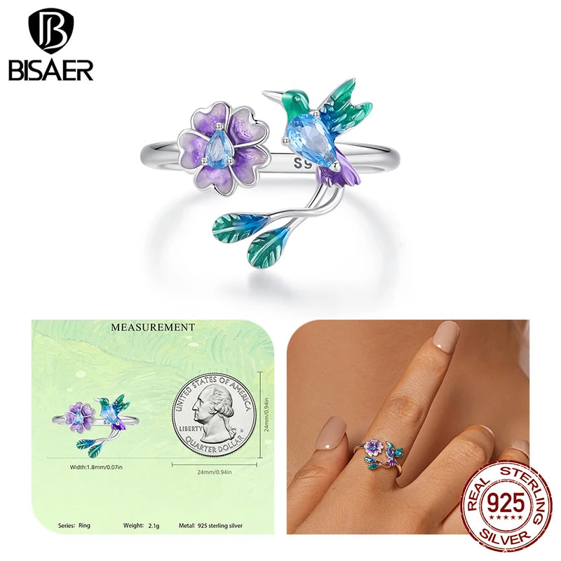 BISAER Anillo abierto con diseño de pájaro y flores en plata de ley 925, ajustable, tamaño 5-9, chapado en oro blanco para mujer, joyería fina para fiestas