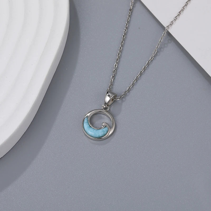 XYOP 925 Silver Gift Simple Wave Natural Larimar Pendant,The Girl Next Door Is Clean And Calm