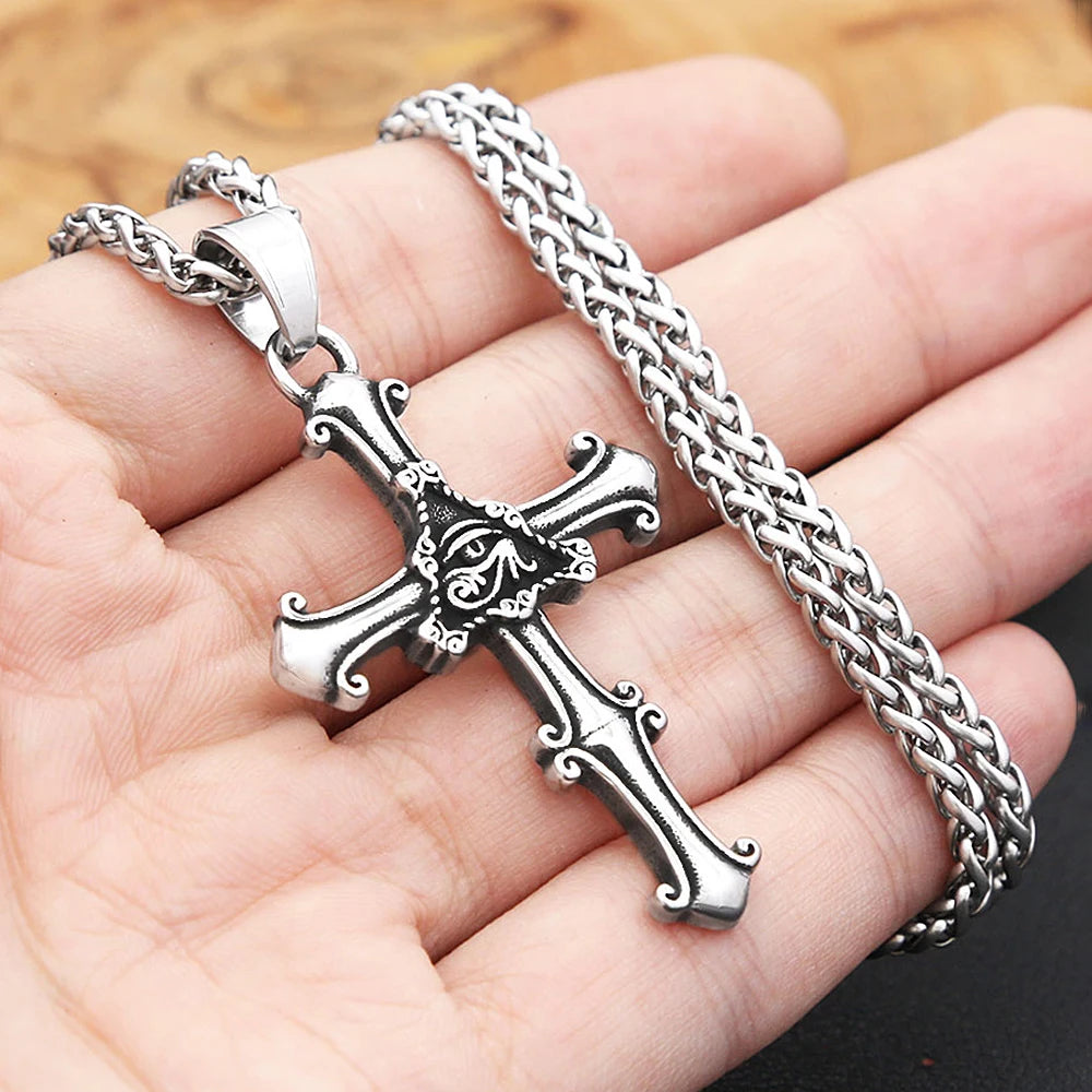 New Vintage Egyptian Eye of Horus Pendant Necklace Stainless Steel Fashion Punk Cross Necklace For Men Women Amulet Jewelry Gift