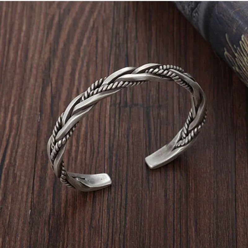 Vintage Silver Color Twisted Woven Bracelet Bangles for Men Thai Original Handmade Exquisite Unique Opening Bracelets Party Gift