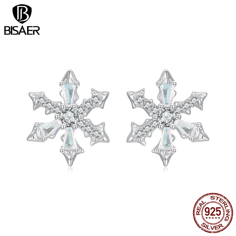 BISAER Real 925 Sterling Silver Ice Flower Stud Earrings Sparkling Zircon Stud Ear For Luxury Women Party Original Fine Jewelry