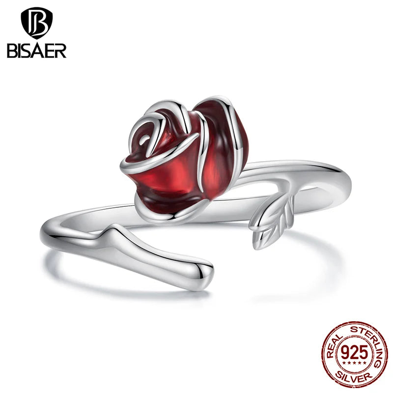 BISAER 925 Sterling Silver Red Rose Open Ring Enamel Process Adjustable Band Plated White Gold for Women Party Fine Jewelry Gift