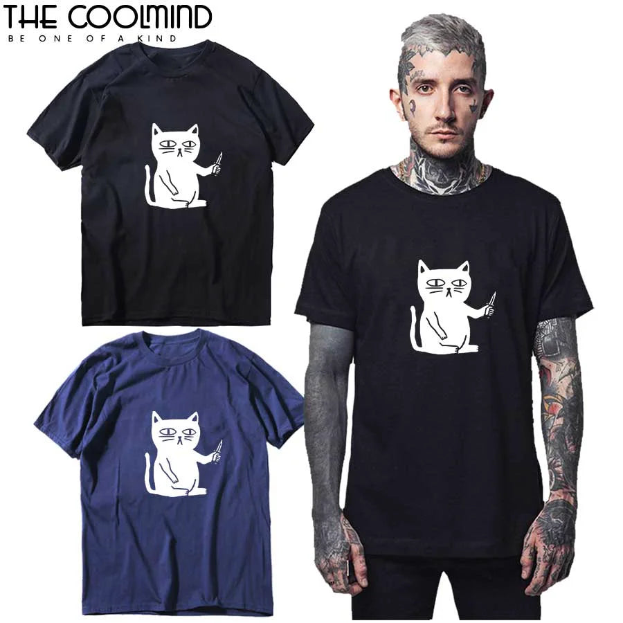 COOLMIND 100% Cotton Cool Summer Loose Men T Shirt Casual Short Sleeve Cat Print Men Tshirt Male Summer t-shirt Tops Tee Shirts