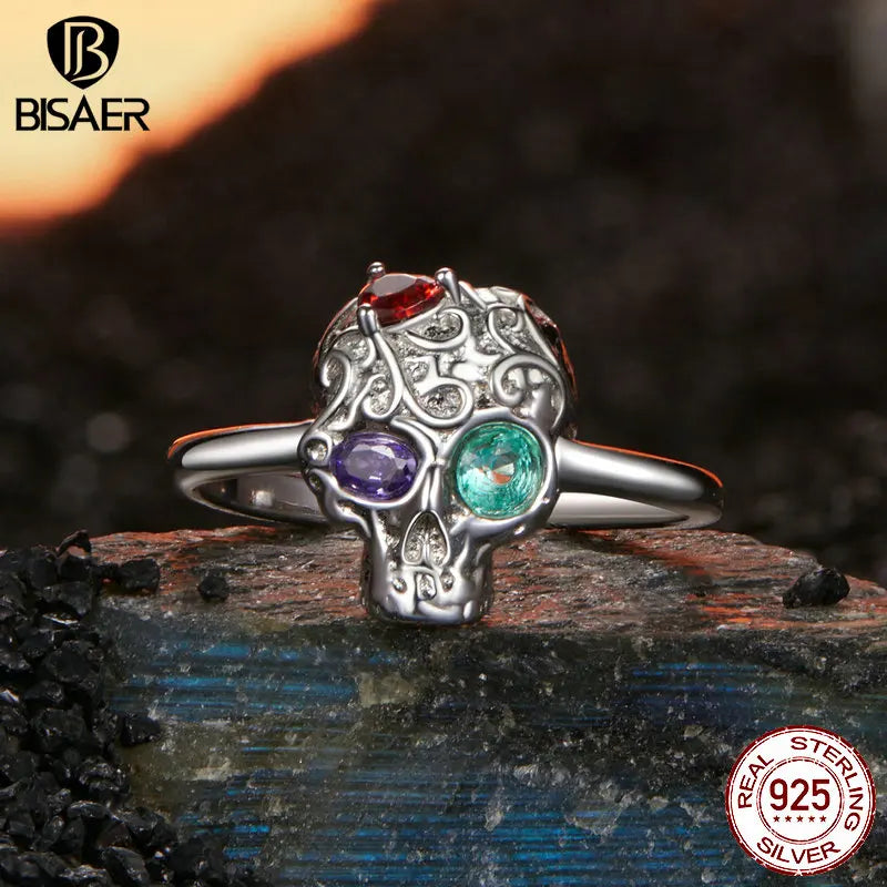 BISAER Bague ouverte vintage en argent sterling 925 avec tête de mort et zircone colorée réglable pour femme, bijou fin de fête, cadeau d'Halloween