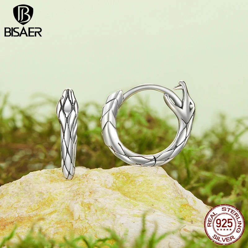 BISAER 925 Sterling Silver Snake Hoop Earrings Retro Textures Stud Earring for Hip Hop Women Party Original Fine Jewelry EFE1149