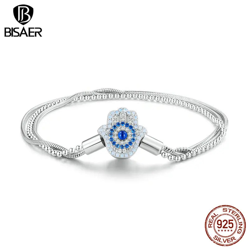 BISAER Real 925 Sterling Silver Fatima Guardian Angel Basic Bracelet Plated platinum for Women Charms Beads DIY Fine Jewelry