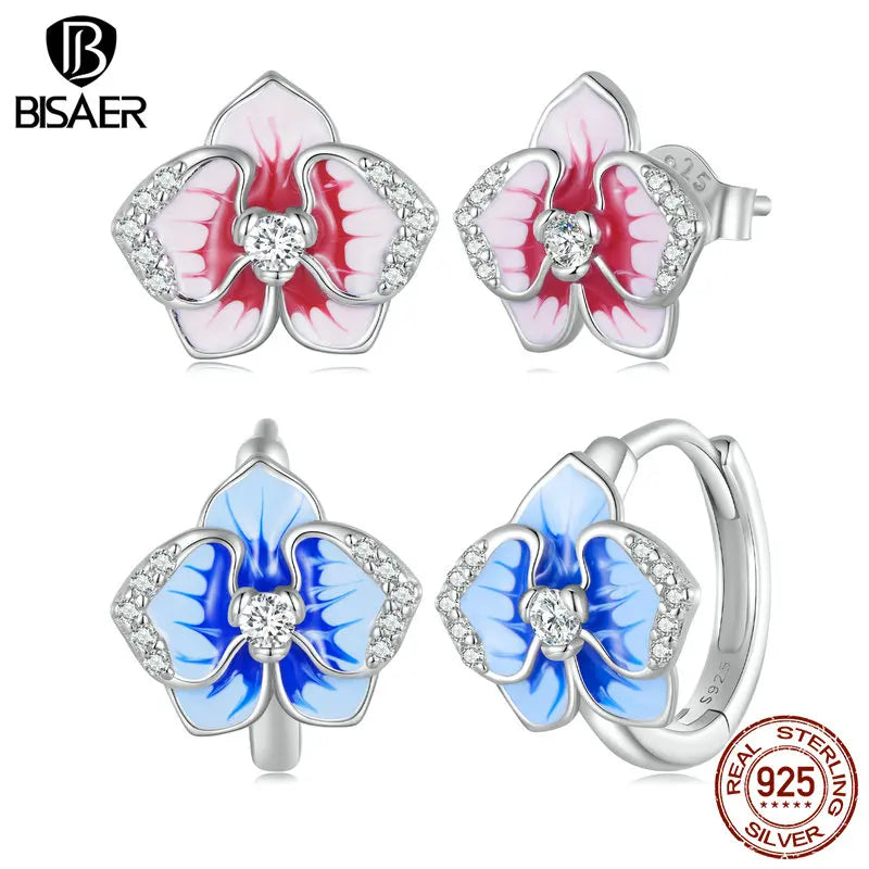 BISAER 925 Sterling Silver Pink Butterfly Orchid Stud Earrings Sparkling Zircons For Women Luxury Party Original Fine Jewelry