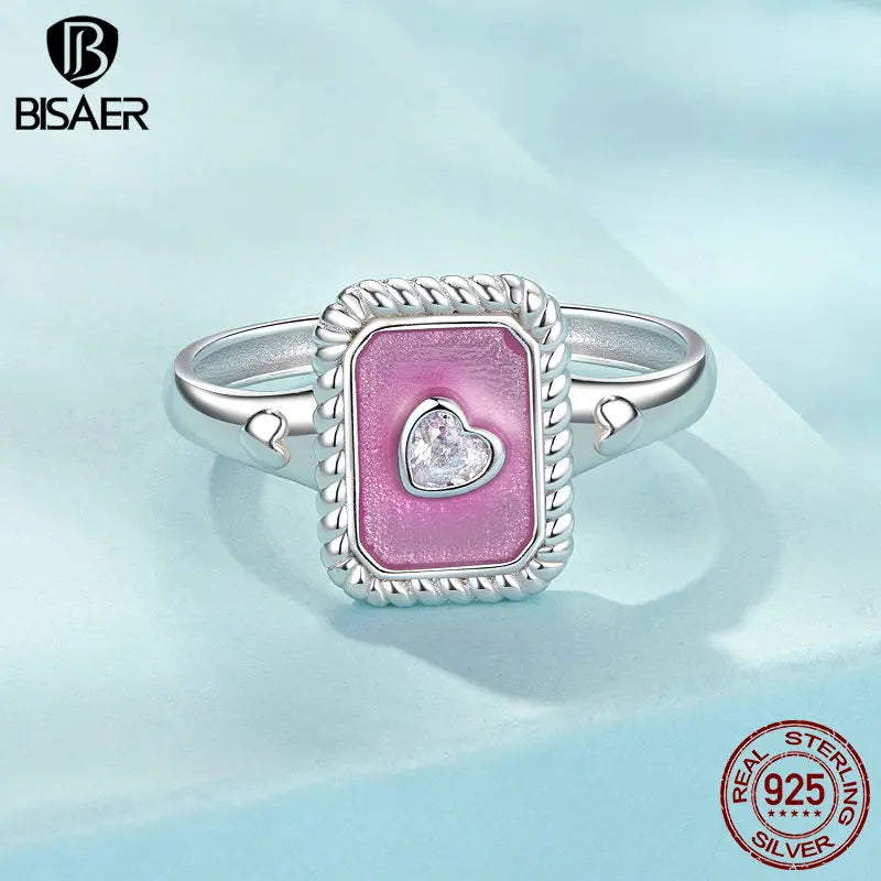 BISAER 925 Sterling Silver Vintage Heart Open Ring Pink Square Band Adjustable Plated White Gold for Women Party Fine Jewelry