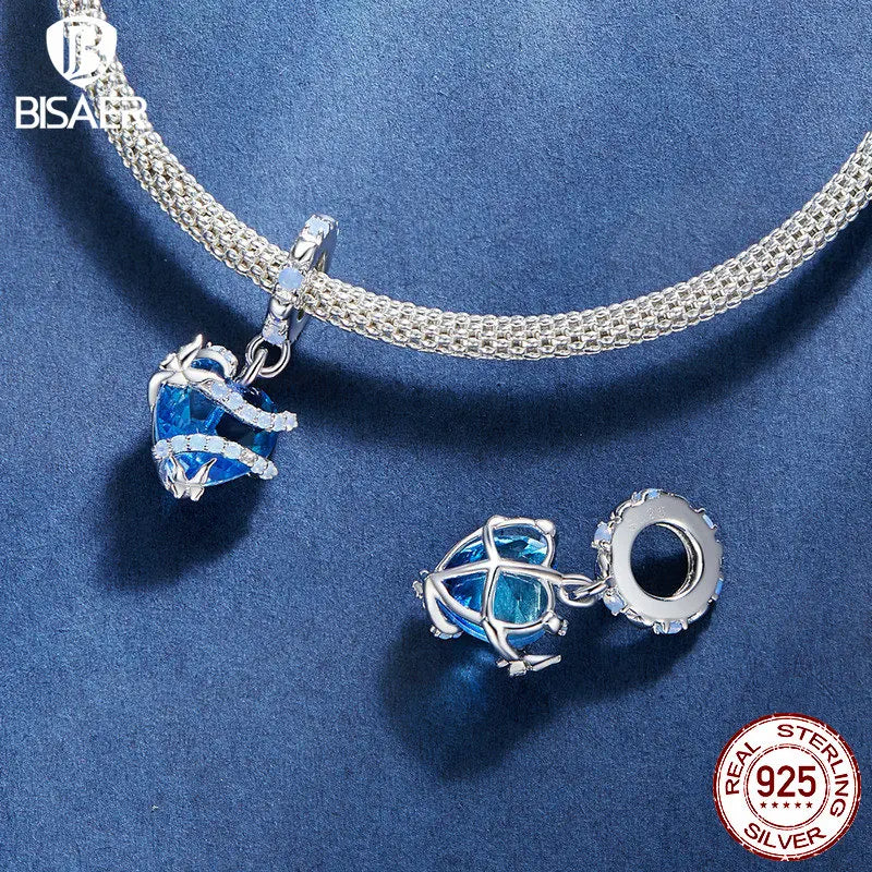 BISAER 100% 925 Sterling Silver Flower Anchor Charm Bead Blue Heart Pendant For Women DIY Bracelet Fine Jewelry Gift