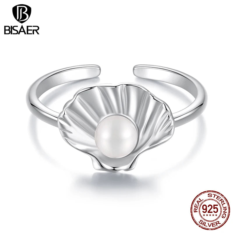 BISAER 925 Sterling Silver Shell Open Ring Pearl Adjustable Size 5-9 Band Plated White Gold for Women Party Fine Jewelry ECR1077