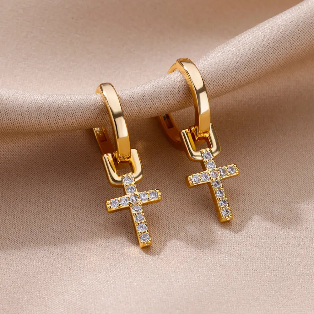 Pendientes colgantes de cruz de circón para mujeres y niñas, pendientes de cruz de acero inoxidable, tendencia 2024, joyería estética para bodas y parejas