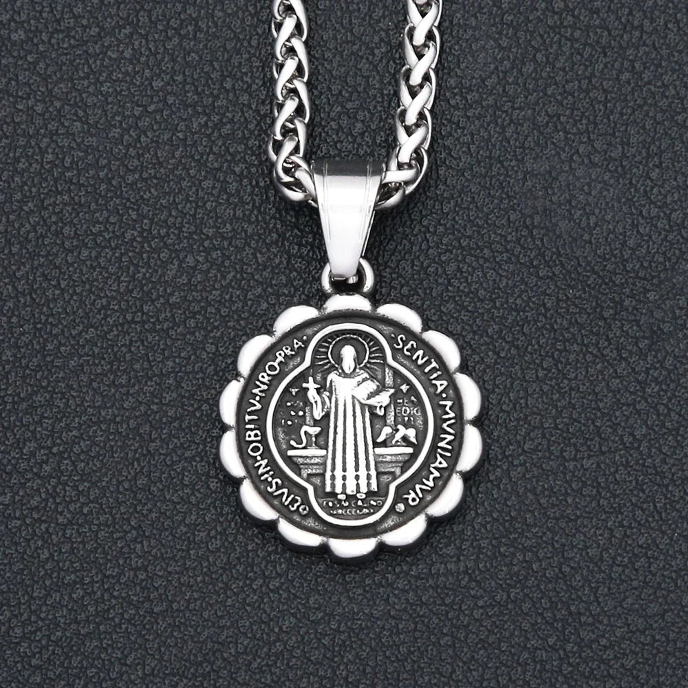 Vintage Fashion Stainless Steel Catholic Saint Benedict Cross Pendant Necklace For Men Punk Biker Amulet Religious Jewelry Gifts