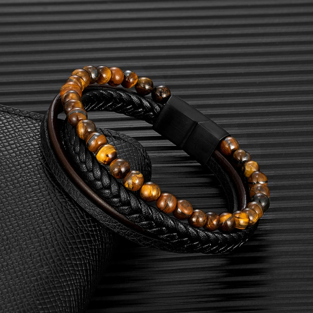 MKENDN Fashion Multilayer Leather Bracelet Men 7 Chakra Colorful Beads Bracelets Stainless Steel Magnetic Clasp Jewelry Gifts