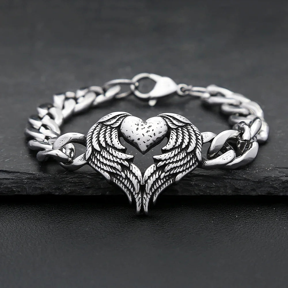 New Style Stainless Steel Angel Wings Love Bracelet Fashion Punk Feather Heart Bangles For Men Women Charm Biker Jewelry Gifts