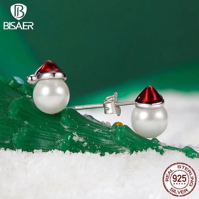 BISAER 925 Sterling Silver Cute Christmas Hat Pearl Stud Earrings Red Enamel Process for Women Fine Jewelry Holiday Gift EFE1094