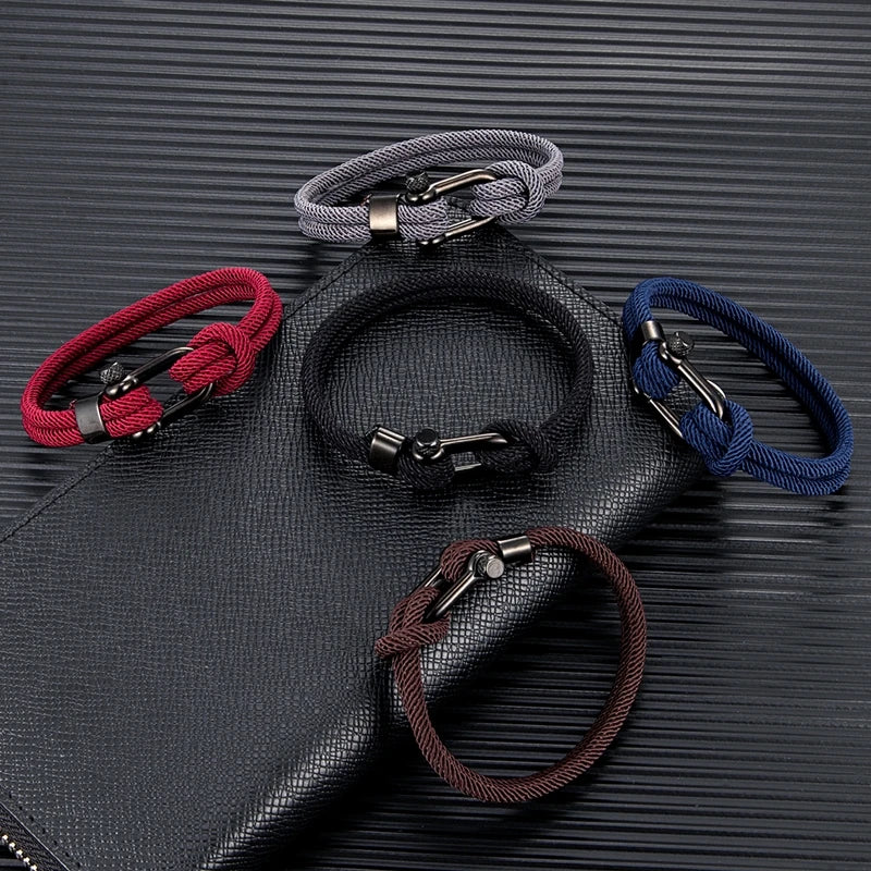 MKENDN Trendy Men Women Wine Red Marine Sailor Rope Nautical Survival Shackle Bracelet Black Stainless Steel Metal Sport Buckle