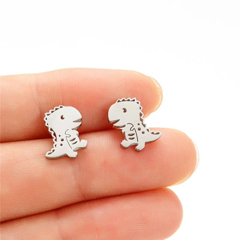 Cute Animal Stainless Steel Earrings Women Fashion 2024 Jewelry Horse Shark Dinosaur Swallow Earings Small Cat Ear Studs Bijoux