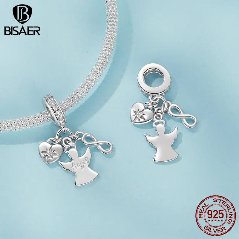 BISAER 925 Sterling Silver Guardian Angel Charm Bead Tulip Heart Key Bow Stopper Pendant Fit Women DIY Bracelet Jewelry Gift