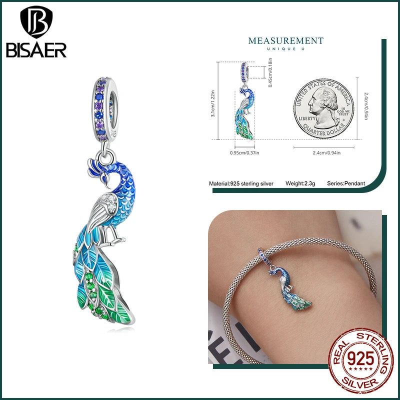 BISAER Real 925 Sterling Silver Phoenix Charm Bead Animal Pendant Gradient Enamel Process Fit Women DIY Bracelet Fine Jewelry