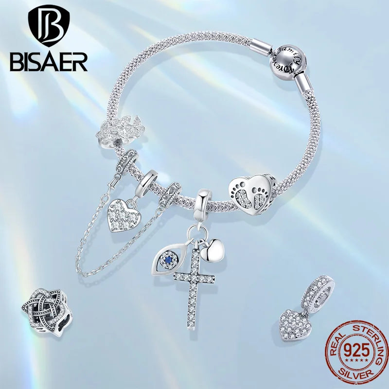 BISAER - Abalorio de plata de ley 925 con circonitas AAAAA transparentes, forma de corazón y cruz, cadena de seguridad, compatible con pulseras y collares, joyería fina DIY