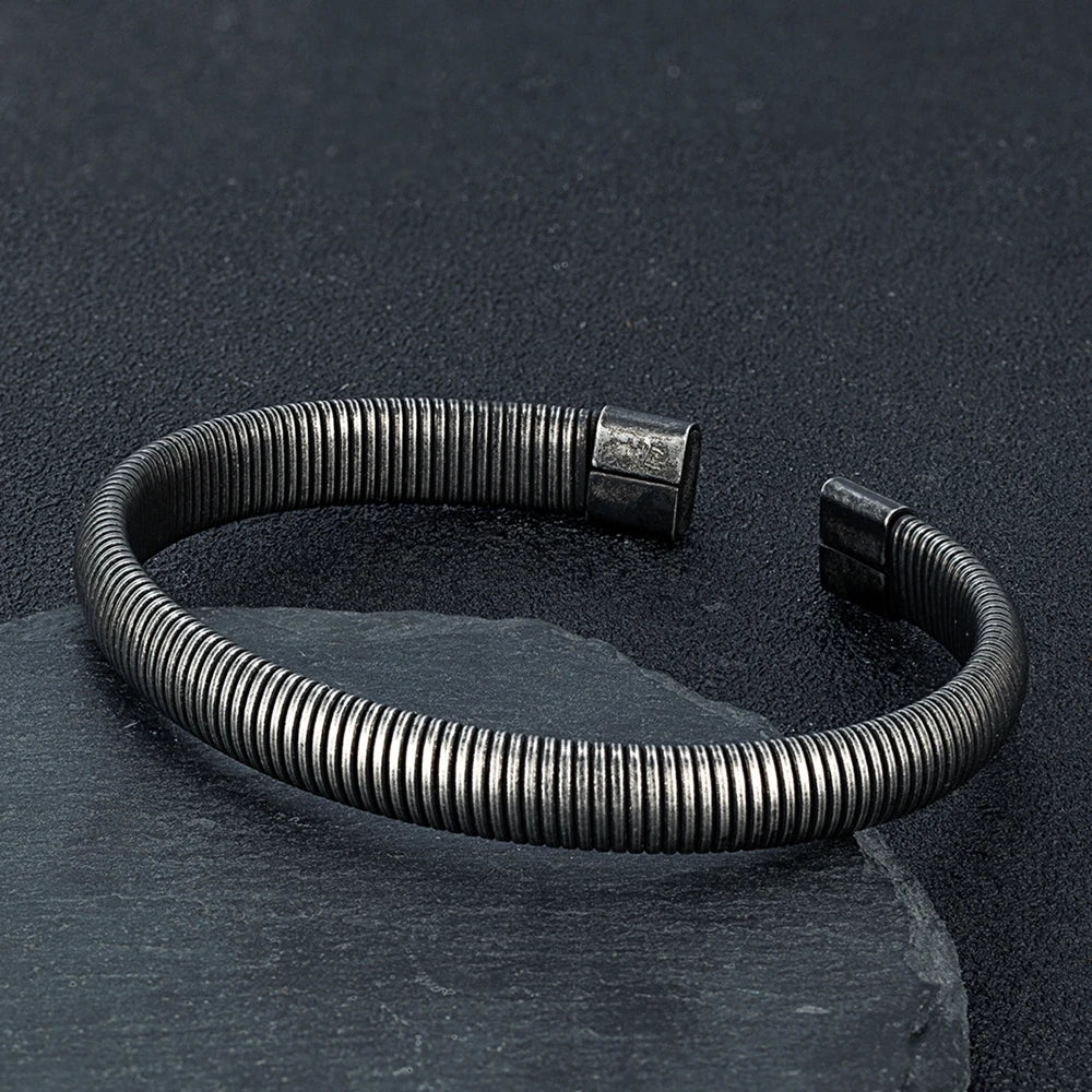 Bracelet manchette cubain en acier inoxydable pour homme, style punk rock, locomotive, vintage, noir, accessoires en gros