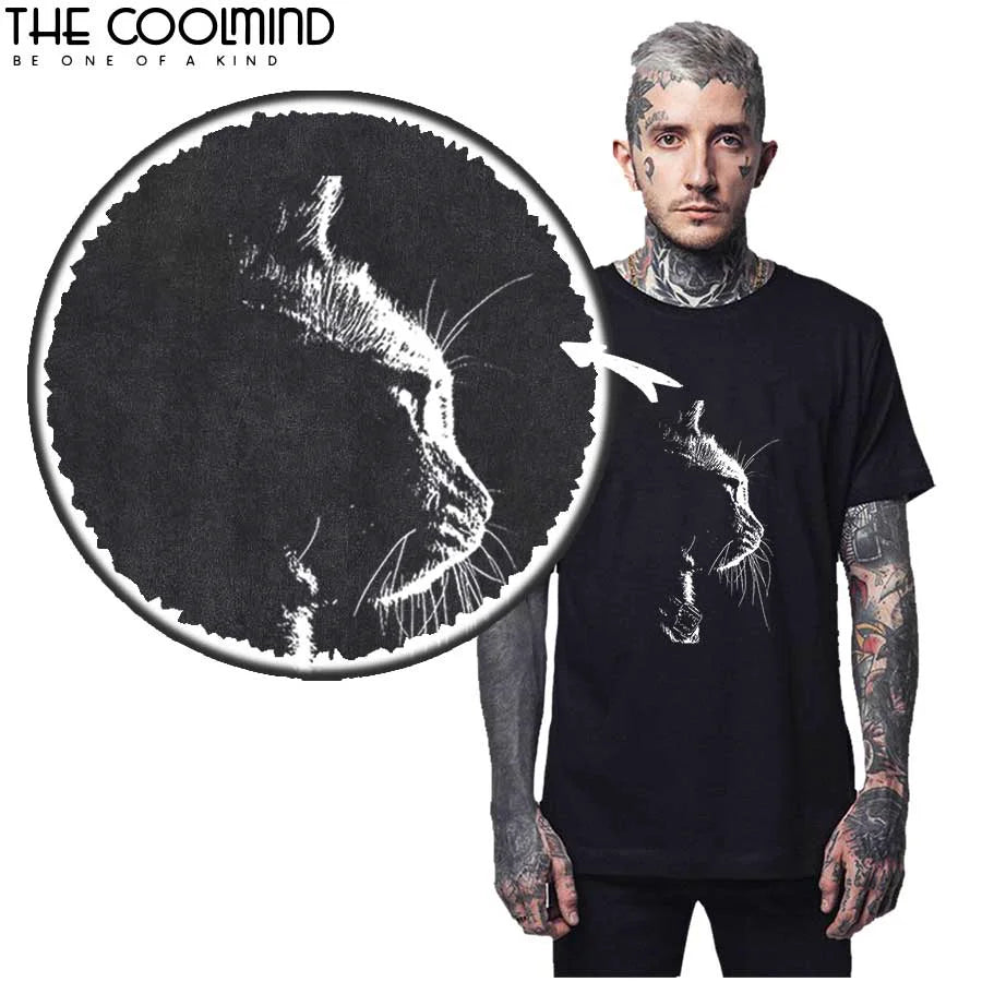 COOLMIND 100% Cotton Short Sleeve Cat Print Men Tee Shirts Casual Cool Cat Men T Shirt Summer Loose Men Tshirt Cool t-shirt Male