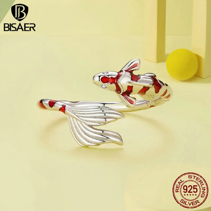 BISAER 100% 925 Plata esterlina Koi Carp Jewelry Set Pendientes Anillo ajustable Chapado en platino para mujeres afortunadas Regalo de joyería fina