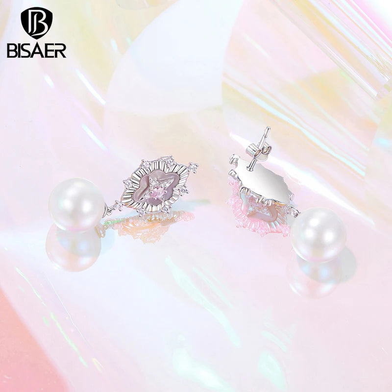 BISAER Boucles d'oreilles à tige en coquillage rose Starlight en forme d'étoile en zircon plaqué or blanc pour femme, bijoux de fête et de fiançailles