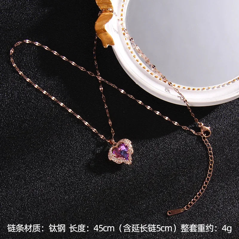 Luxury Colorful Crystal Ocean Heart Pendant Necklace For Women Korean Fashion Stainless Steel Neck Chain Female Wedding Jewelry