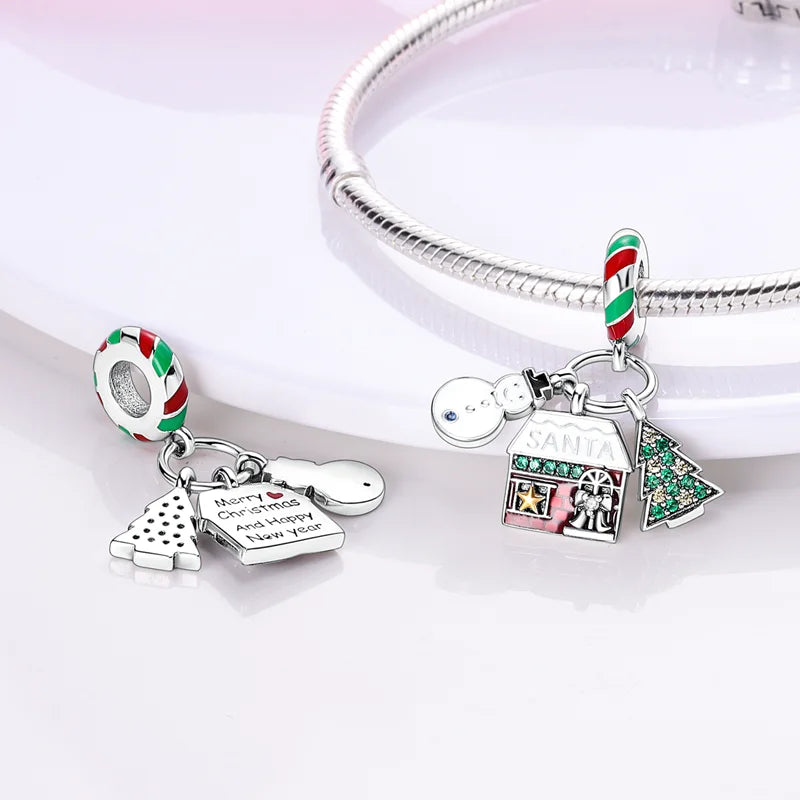 Breloque en argent sterling 925 en forme de cloche de sapin de Noël, de père Noël, de perles de couleur rouge, pour bracelet original, bijoux à faire soi-même