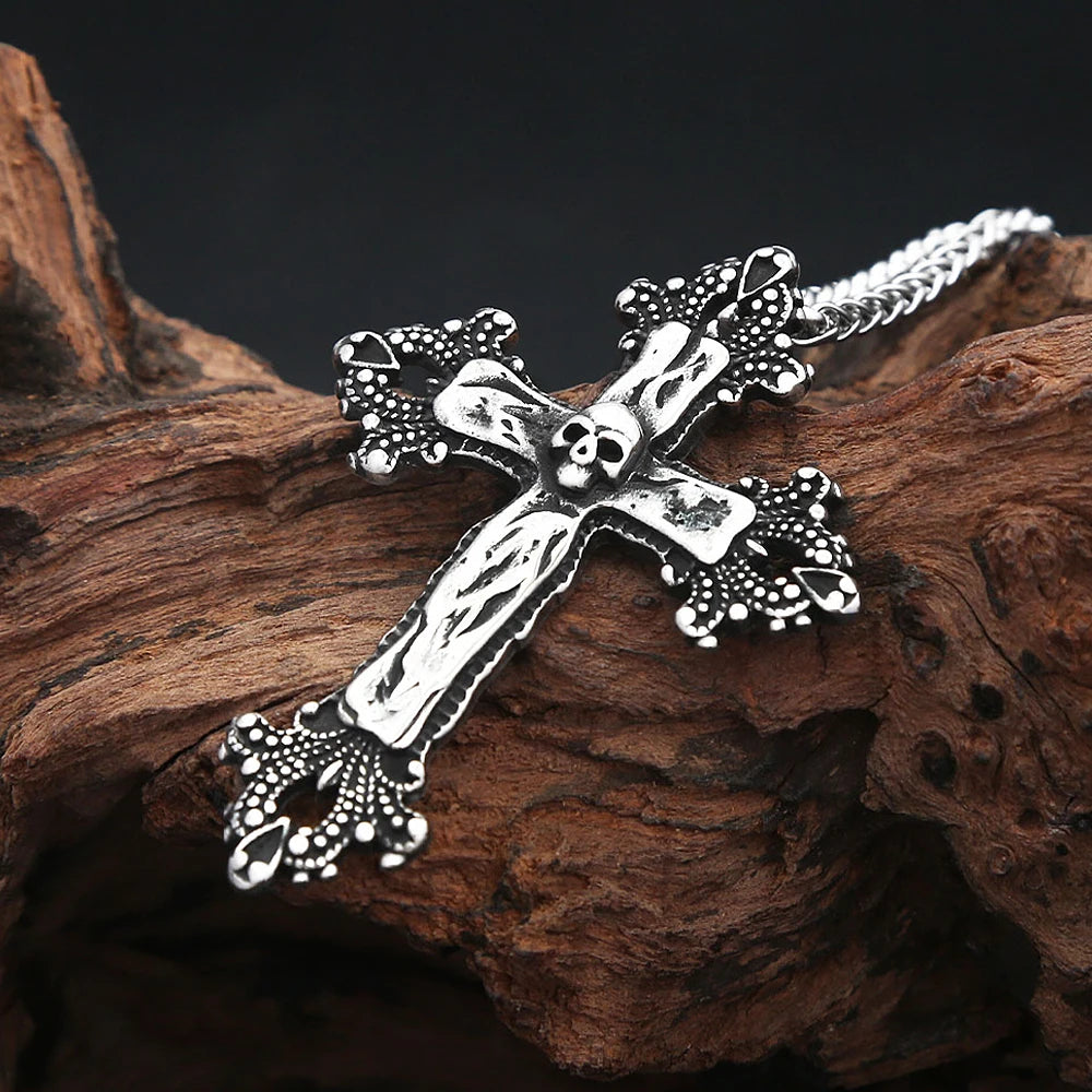 Gothic Punk Cross Skull Pendant Necklace 316L Stainless Steel Hip Hop Biker Cross Necklaces For Men Women Fashion Charm Jewelry