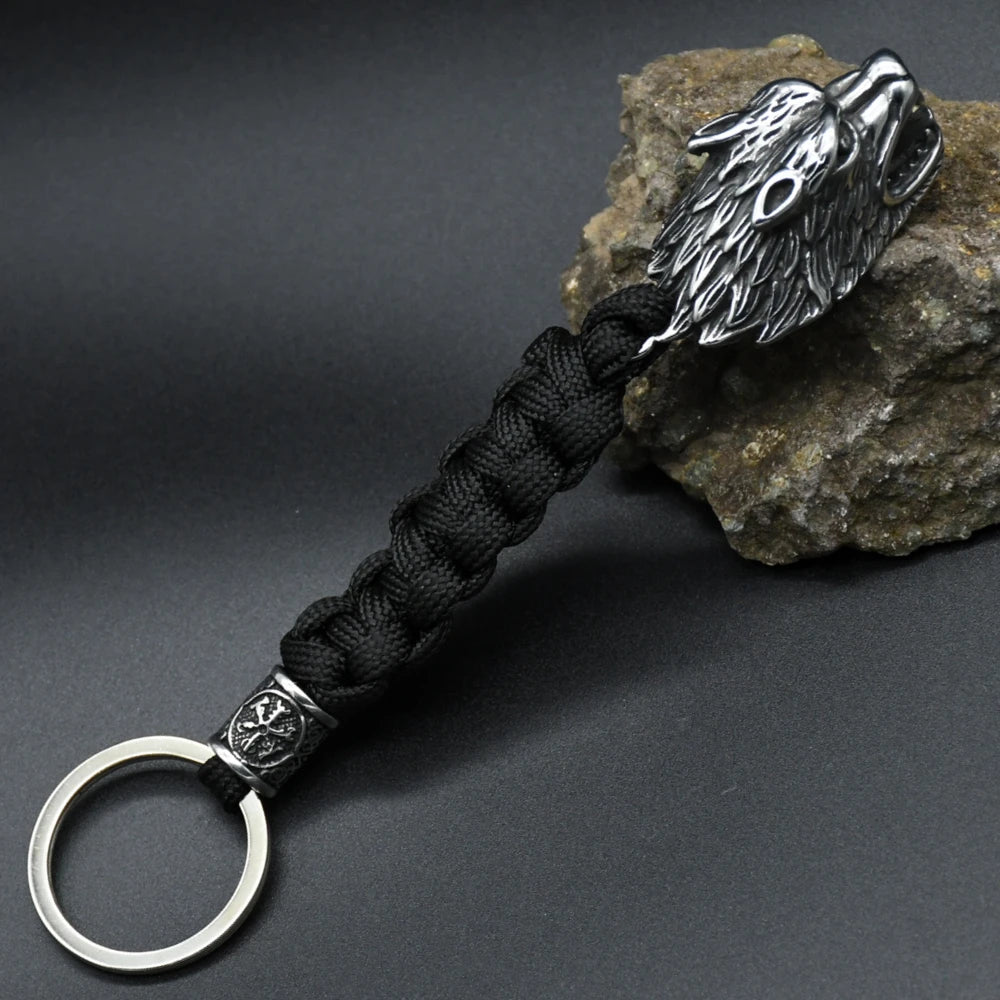 Viking Wolf Head Survival Rope Keychain Men's Stainless Steel Pendant Paracord Keyring Handmade Norse Pirates Rune Amulet Jewelr