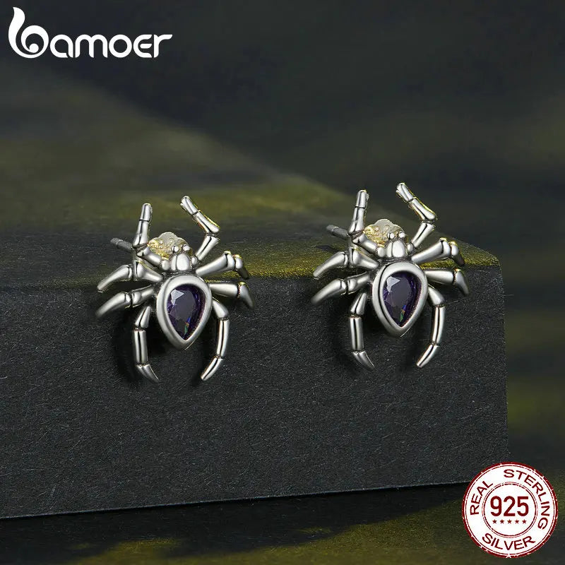 BAMOER Minimalist 925 Sterling Silver Spider Stud Earrings Cute Insect Earrings Pave Setting CZ Women Halloween Jewelry Gift